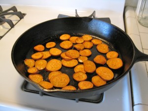 Sweet potato slices cooking